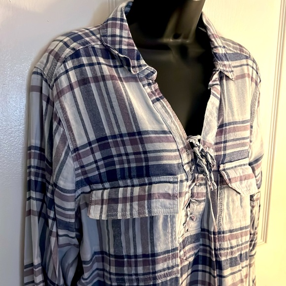 SO 🌲 BLUE/PURPLE PLAID COTTON BLEND LONG SLEEVE LACE-UP TUNIC TOP Women’s XXL - Picture 5 of 9